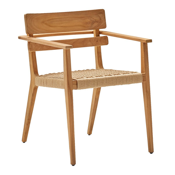 Natural wood chair with a light brown finish and woven beige seat. Simple, modern design perfect for any decor.