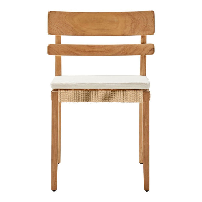 Natural wood chair with a light beige cushioned seat and woven back detail. Elegant and minimalistic design.