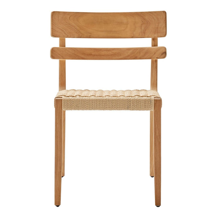 Natural wood chair with light brown finish and woven beige seat. Simple, minimalist design.