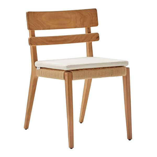 Natural wood chair with a light beige cushion, featuring a minimalist design and smooth, clean lines.
