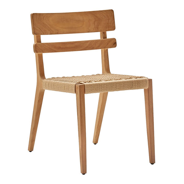 Natural wood chair with a light oak finish and woven seat pattern. Simple, modern design. Ideal for minimalist decor.