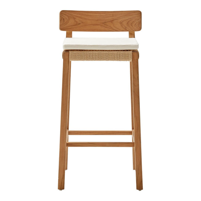 Natural wood barstool with a cream cushion and rattan accent, featuring a minimalist design and sleek lines.