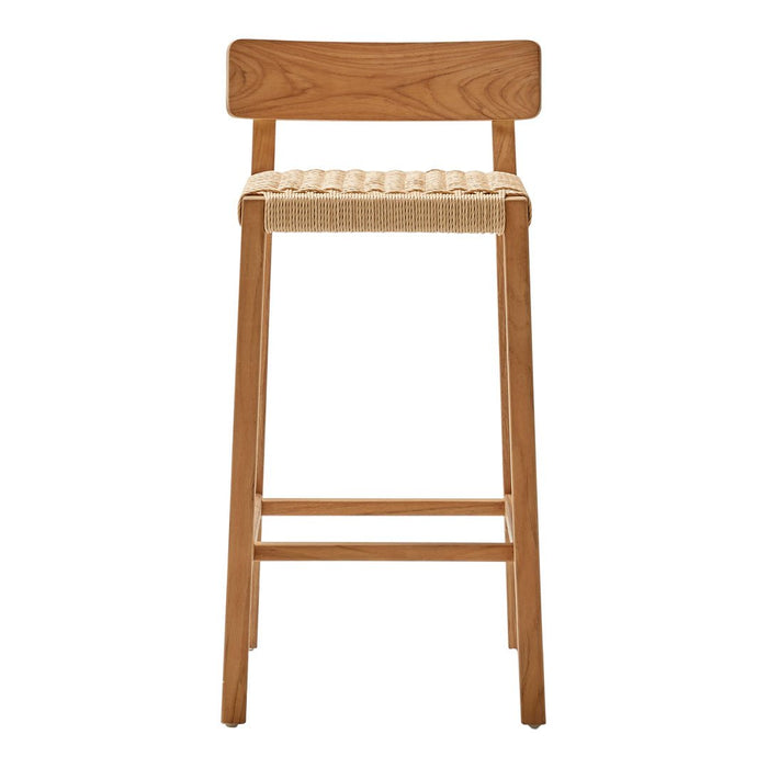Natural wood bar stool with a light woven seat, showcasing a minimalist design in warm brown tones.
