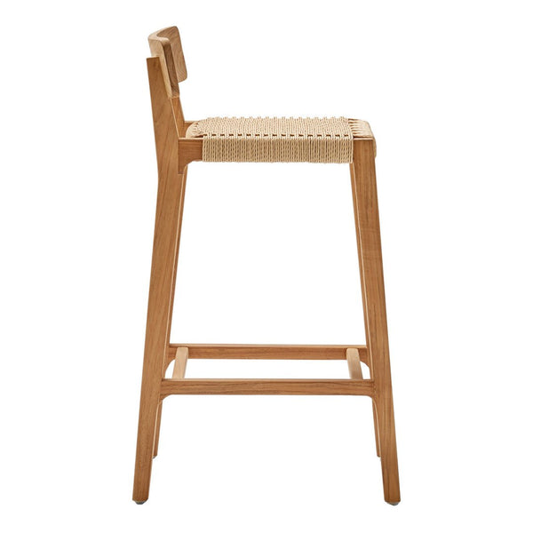 Natural wood bar stool with a light woven seat, showcasing a simple, modern design in neutral tones.