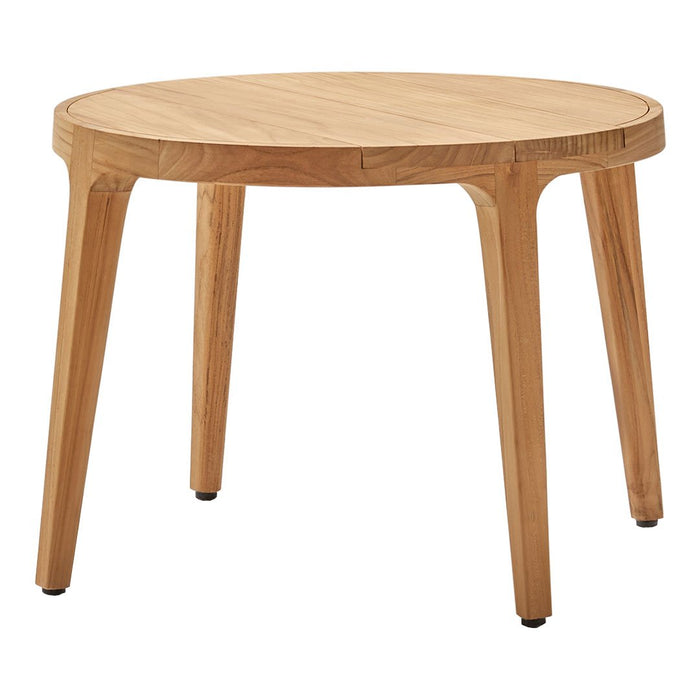 Natural wood round table with a light oak finish and smooth, untextured surface. Perfect for modern decor.