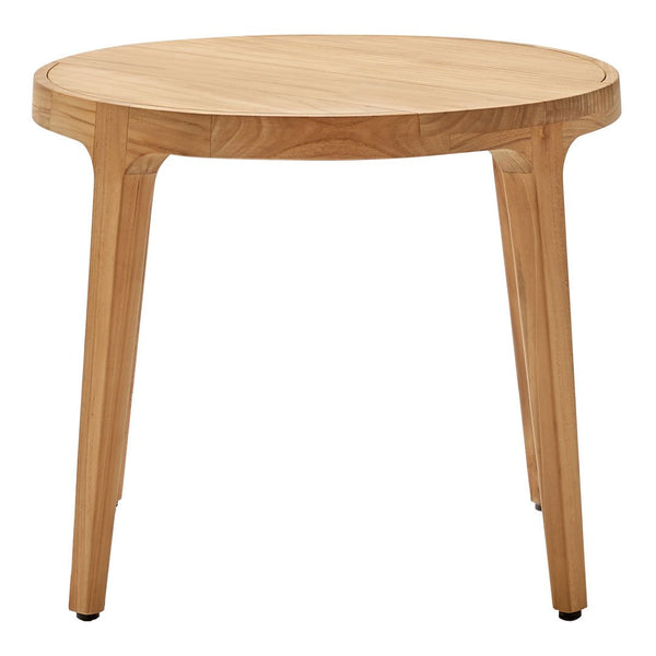 Light wood round table with smooth finish and natural grain pattern, featuring simple, tapered legs.