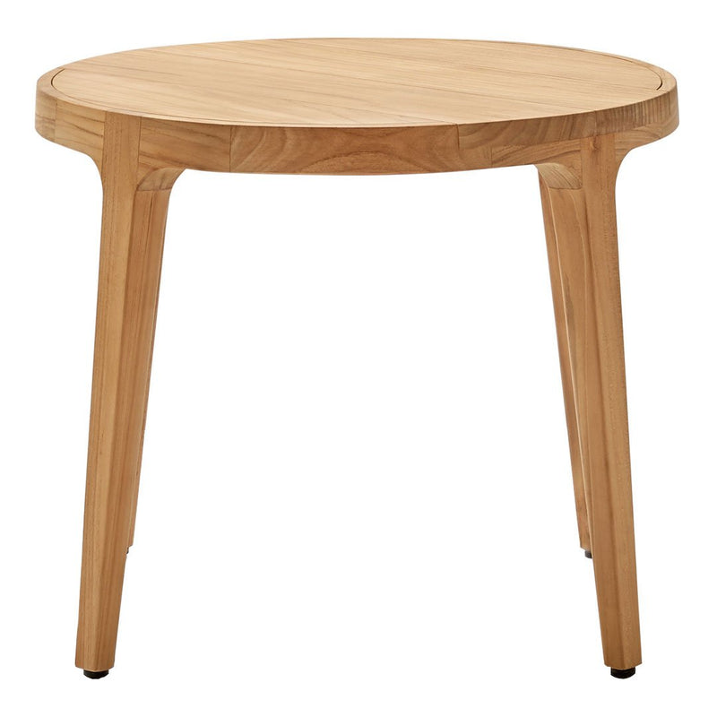 Light wood round table with smooth finish and natural grain pattern, featuring simple, tapered legs.