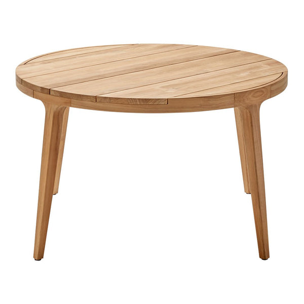 Natural wood round table with a smooth, light brown finish and slatted top design. Perfect for outdoor settings.