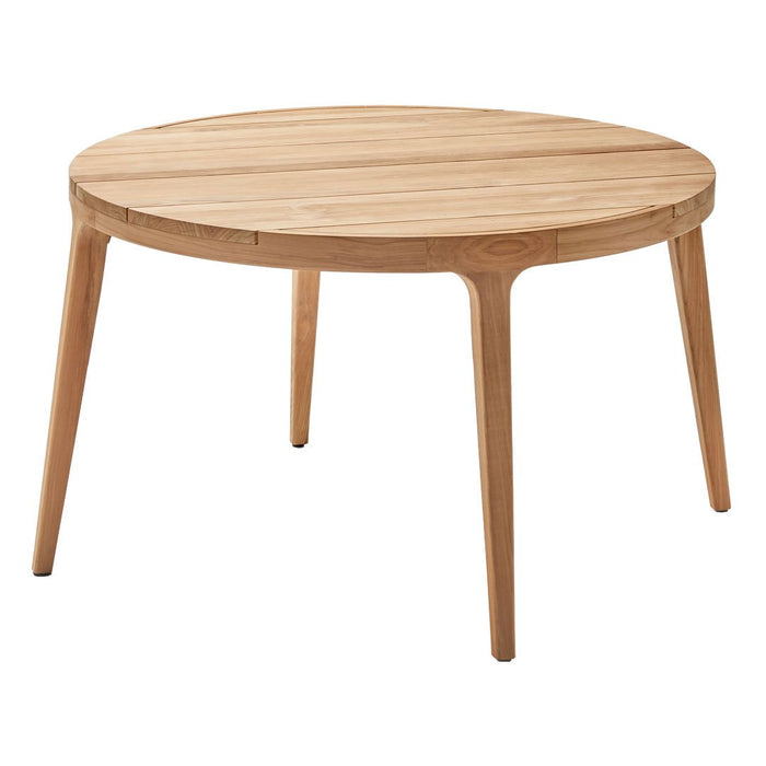 Round wooden table with a light natural wood finish and subtle grain patterns, designed for modern living spaces.