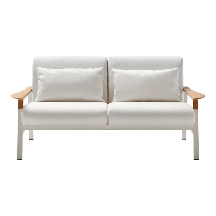 White modern loveseat with smooth fabric cushions and wooden armrests, featuring a minimalist design.