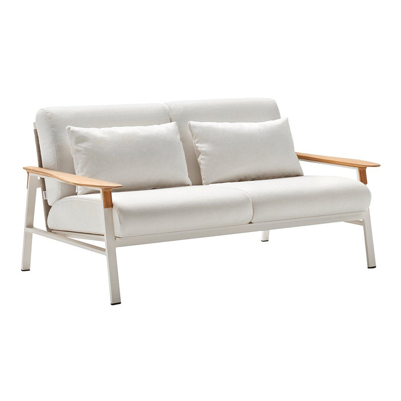 Light gray fabric sofa with wooden armrests and two plush cushions, modern design, minimalistic and stylish look.
