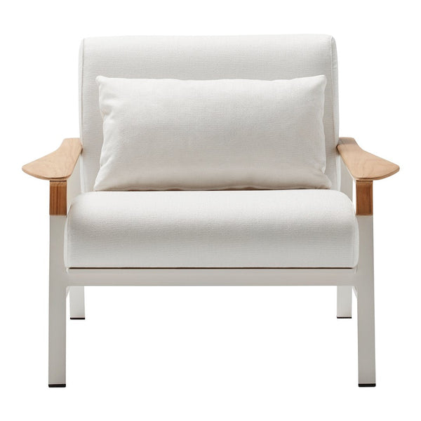 White armchair with natural wood accents and a matching cushion, featuring a minimalist design and clean lines.