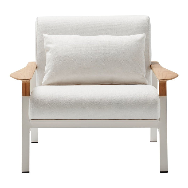 White armchair with natural wood accents and a matching cushion, featuring a minimalist design and clean lines.