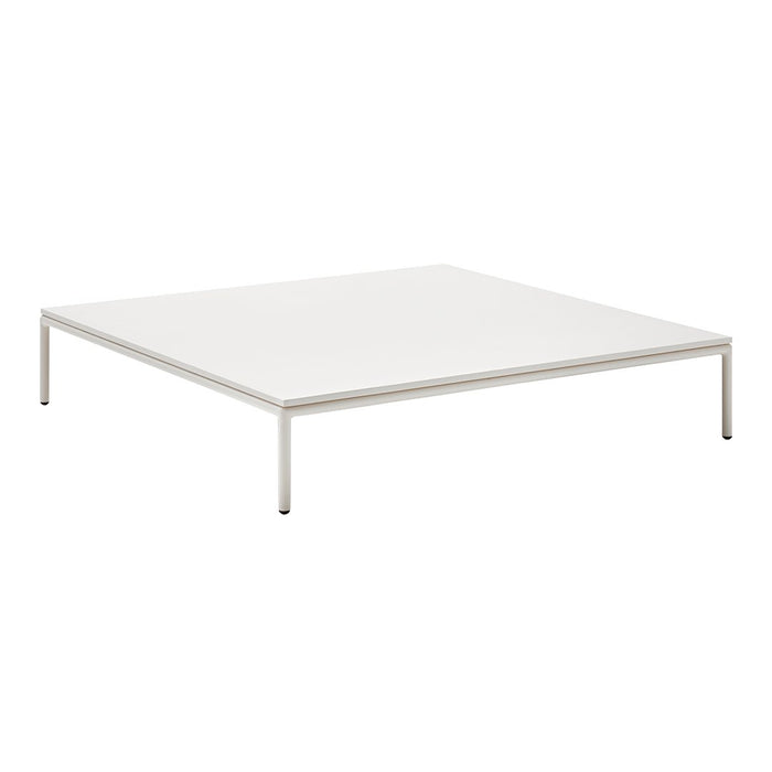 Sleek white square coffee table with minimalist design and metallic legs, perfect for modern decor.