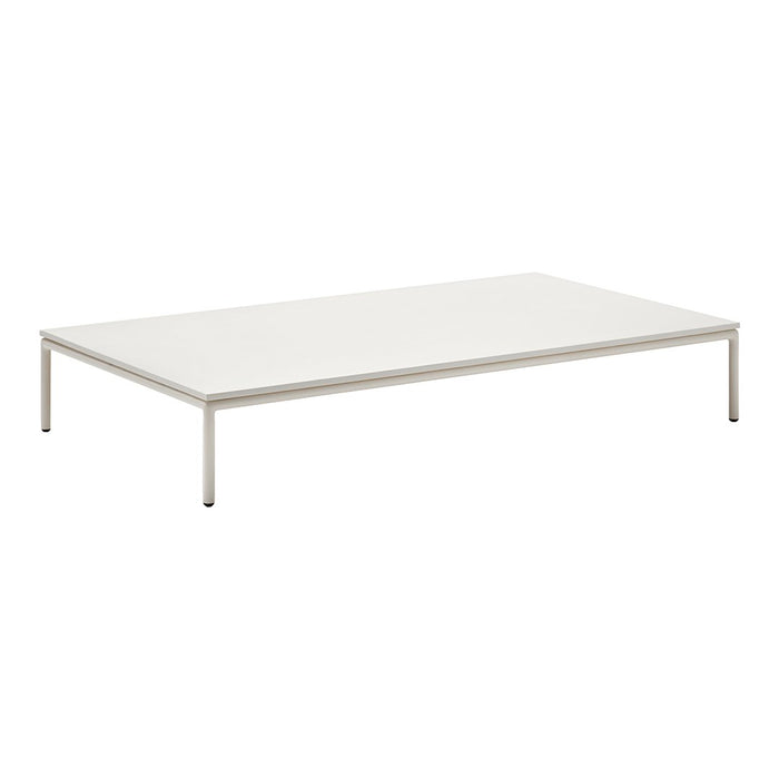 White minimalist coffee table with a smooth surface and sleek metal legs, perfect for modern decor.