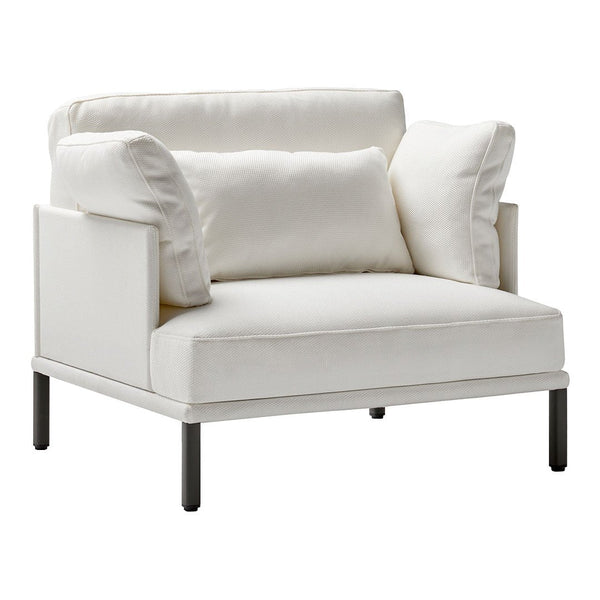 Stylish white accent chair with plush cushions and a minimalistic design, perfect for modern decor.