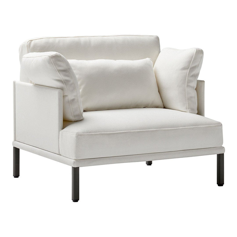 Stylish white accent chair with plush cushions and a minimalistic design, perfect for modern decor.