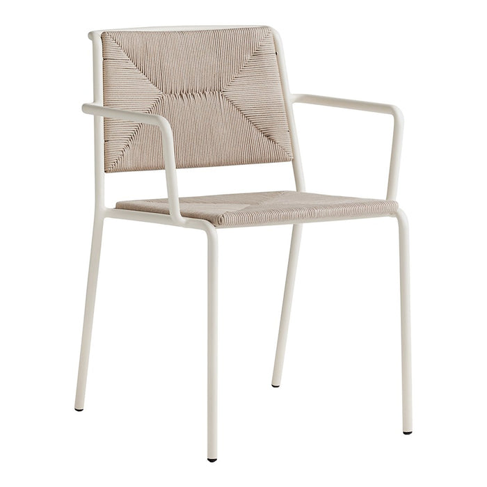 Light beige chair with a textured seat pattern and white metal frame. Modern design for versatile decor.