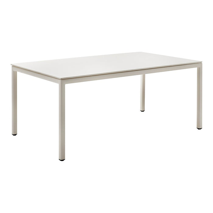 White rectangular table with a smooth surface and simple, clean lines, featuring minimalist design and neutral colors.