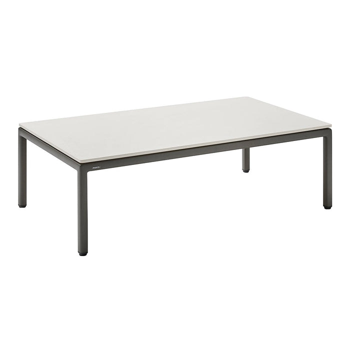 Modern rectangular coffee table with a sleek white top and minimalist dark grey legs. Perfect for contemporary décor.