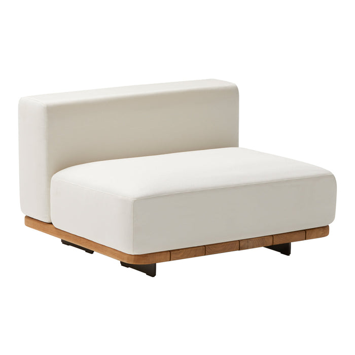 White modular sofa with a clean, modern design and natural wood base. Perfect for minimalist decor.