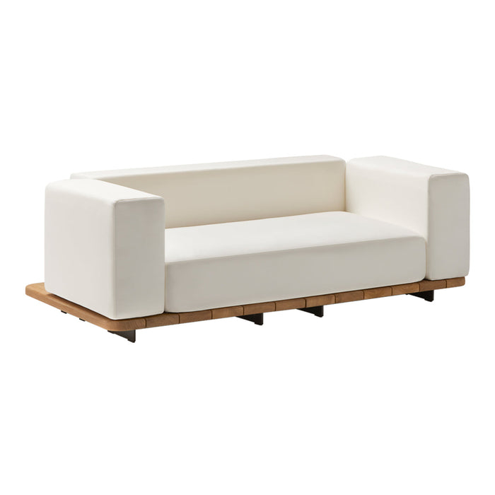 Minimalist white sofa with clean lines and a natural wood base, perfect for modern living spaces.