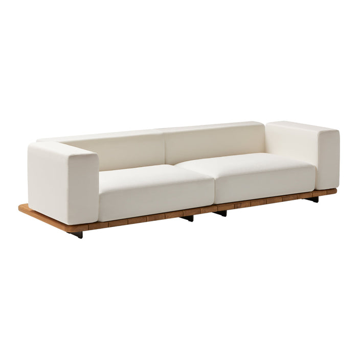 Modern white sofa with clean lines and a minimalist design, featuring a wooden base and no patterns.