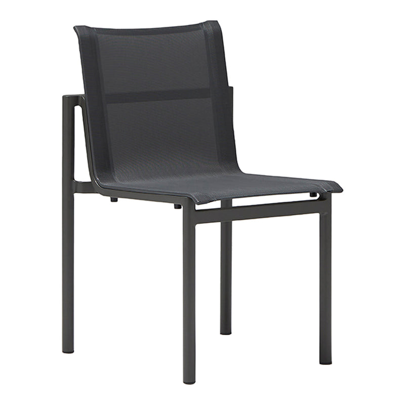 Gray mesh chair with a sleek black metal frame, modern and minimalist design for versatile styling.