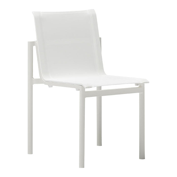 White outdoor chair with a minimalist design and smooth, contemporary lines for a sleek, modern look.