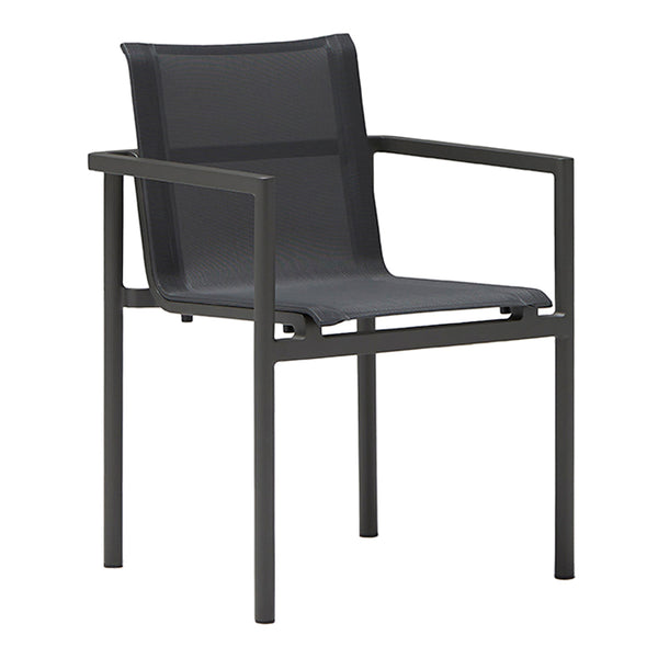 Gray outdoor chair with a sleek metal frame and minimalist design, featuring a solid, modern color scheme.