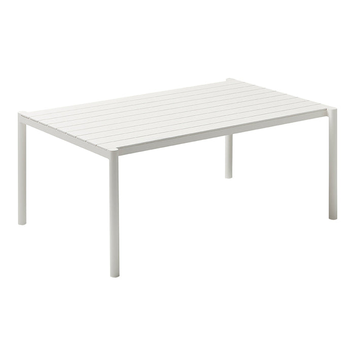 White rectangular table with a slatted pattern, featuring a sleek, modern design ideal for various decor styles.