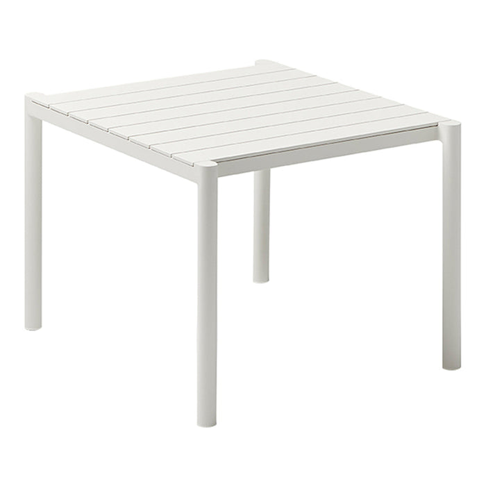 White square outdoor table with a slatted top and minimalist design. Perfect for modern patio or garden decor.