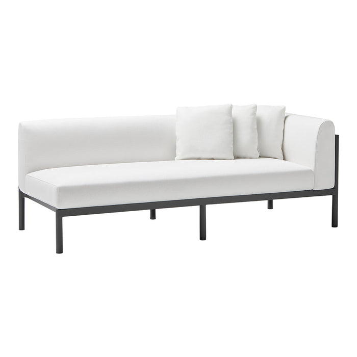Modern white sofa with sleek black metal frame and three matching cushions. Minimalist design, perfect for contemporary spaces.