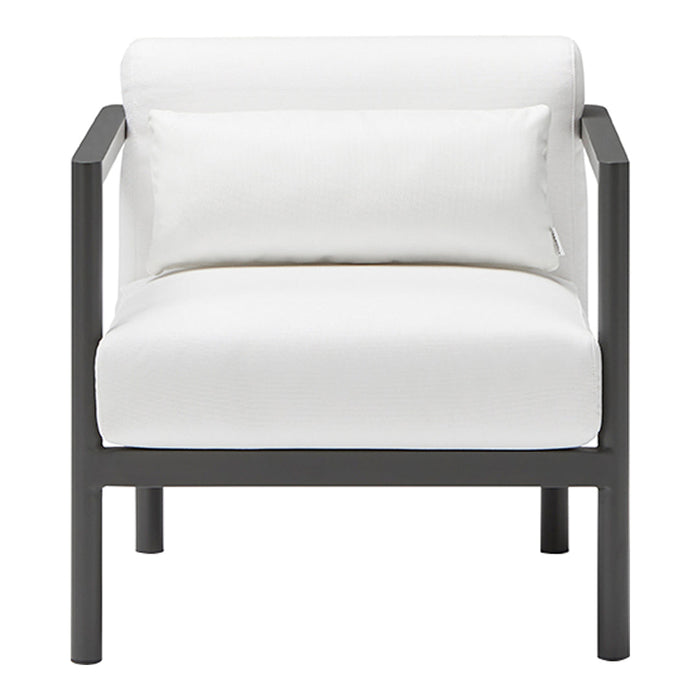 Modern white chair with a sleek grey frame and a minimalist design, featuring a solid color cushion.