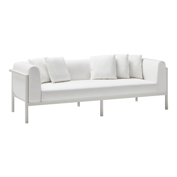 White modern sofa with plush white cushions, featuring a sleek, minimalist design and clean lines.