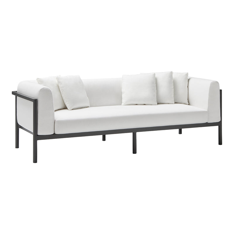 Stylish white sofa with plush cushions and a sleek black metal frame, ideal for modern decor.
