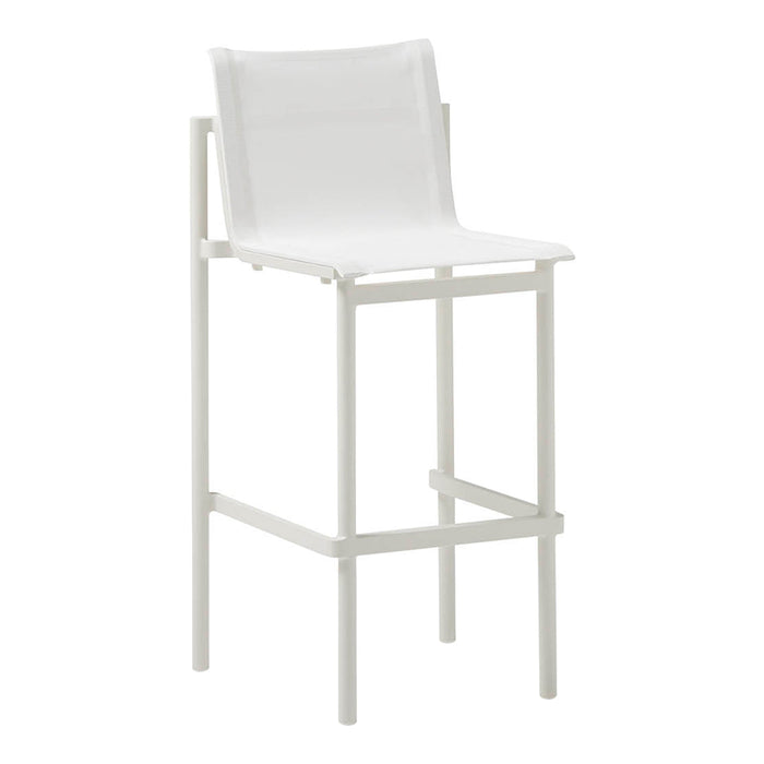 White bar stool with a sleek minimalist design and smooth fabric seat. Modern and versatile for any decor.