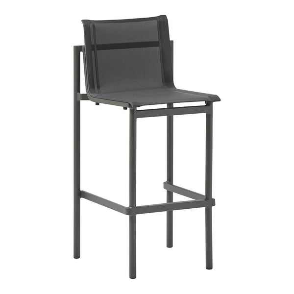 "Gray bar stool with a sleek design and textured seat, complementing modern decor."