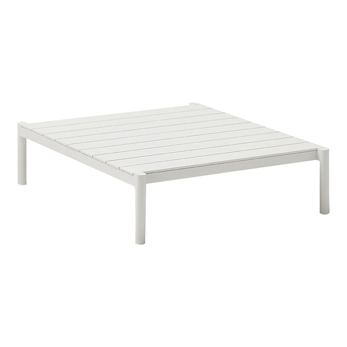 White square coffee table with slatted surface and minimalistic design, featuring clean lines and a modern aesthetic.