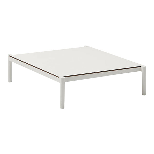 Minimalist white square coffee table with a sleek design and subtle brown accent on the surface.