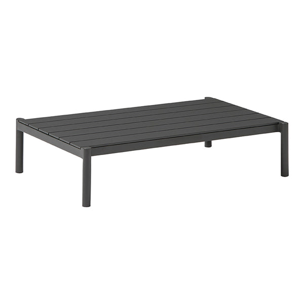 Rectangular outdoor coffee table in sleek, modern gray finish with minimalist slatted pattern. Perfect for stylish patios.