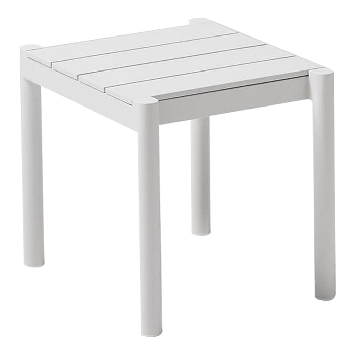 White slatted outdoor side table with a minimalist design and smooth finish, perfect for any patio or garden decor.