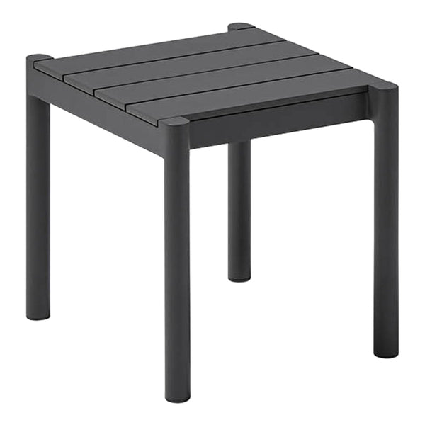 Black square outdoor side table with a slatted top and sleek legs, perfect for modern patio decor.