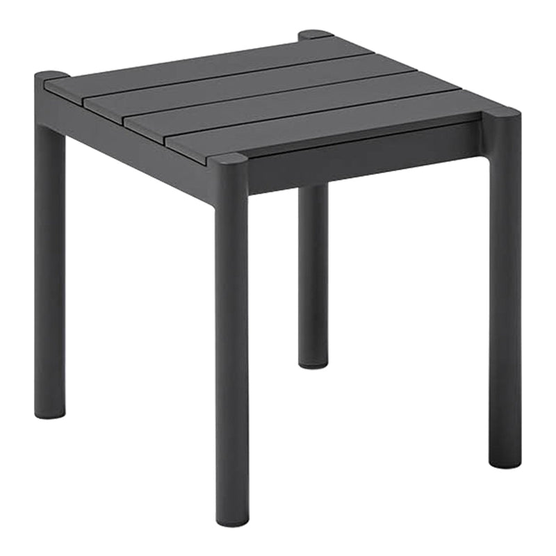 Black square outdoor side table with a slatted top and sleek legs, perfect for modern patio decor.