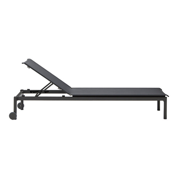 "Black adjustable lounge chair with a sleek design and modern frame, featuring a minimalist, solid color pattern."