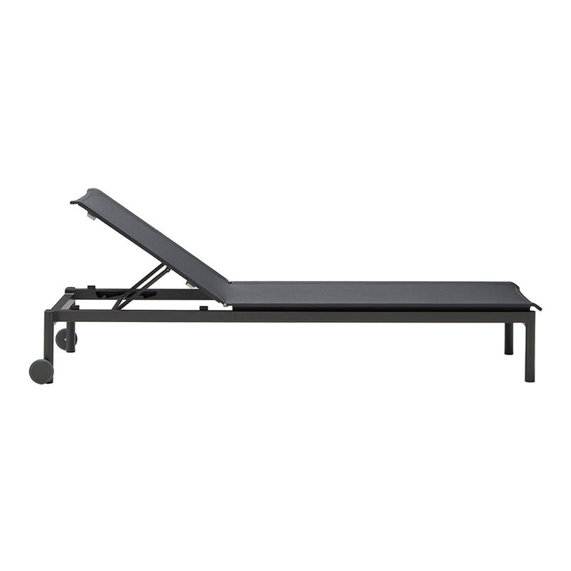 "Black adjustable lounge chair with a sleek design and modern frame, featuring a minimalist, solid color pattern."