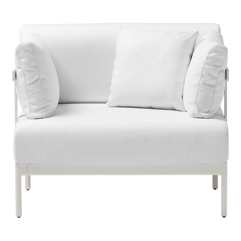 White modern loveseat with plush cushions, featuring a minimalist design and clean lines. Perfect for contemporary decor.