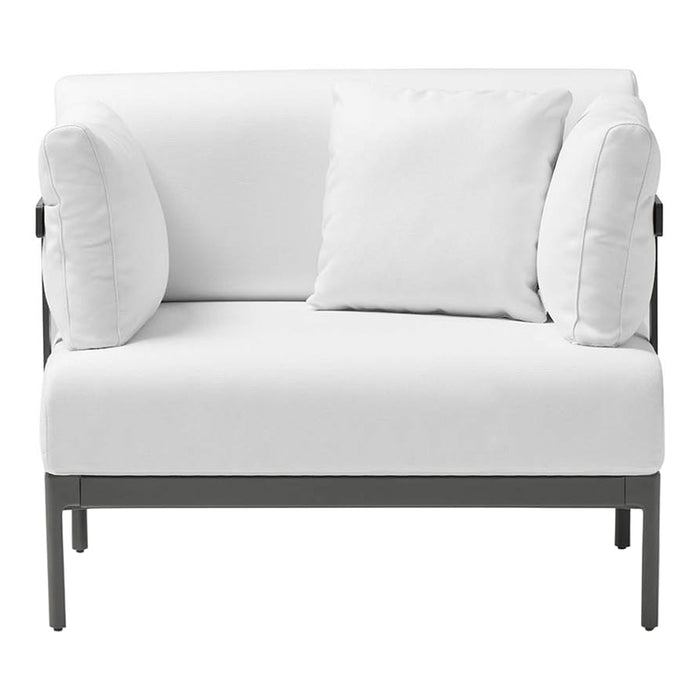 White two-seater sofa with soft pillows and a sleek gray frame, perfect for modern decor.
