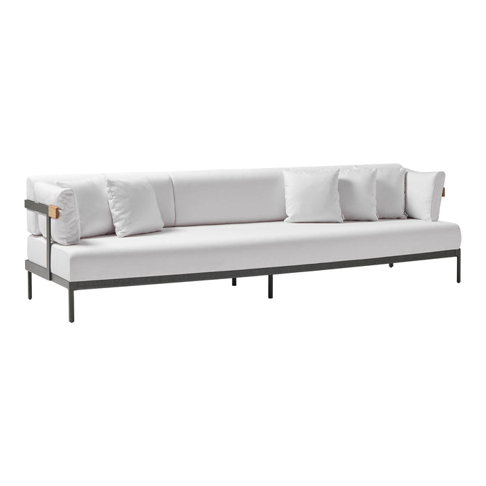 Modern white sofa with sleek lines, accented by plush cushions and a minimalist black frame, perfect for contemporary decor.