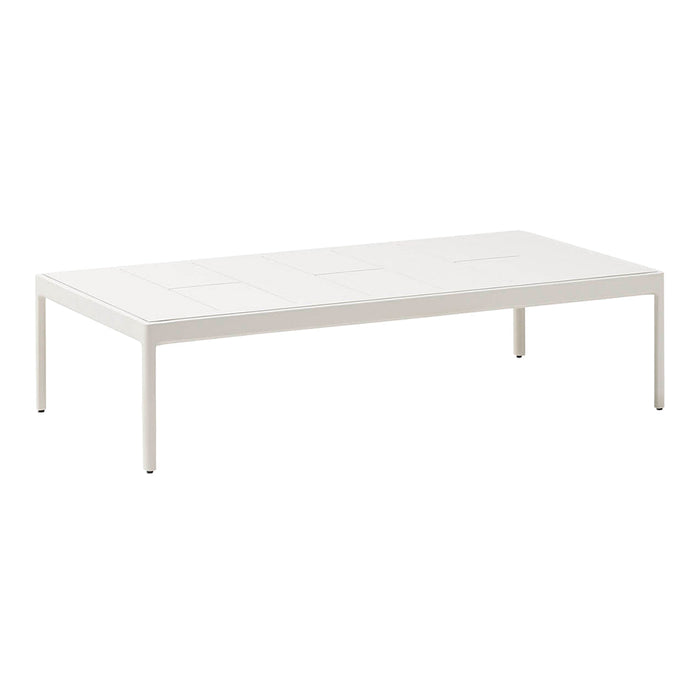 White rectangular coffee table with a smooth surface and sleek minimalist design, featuring a solid color without patterns.